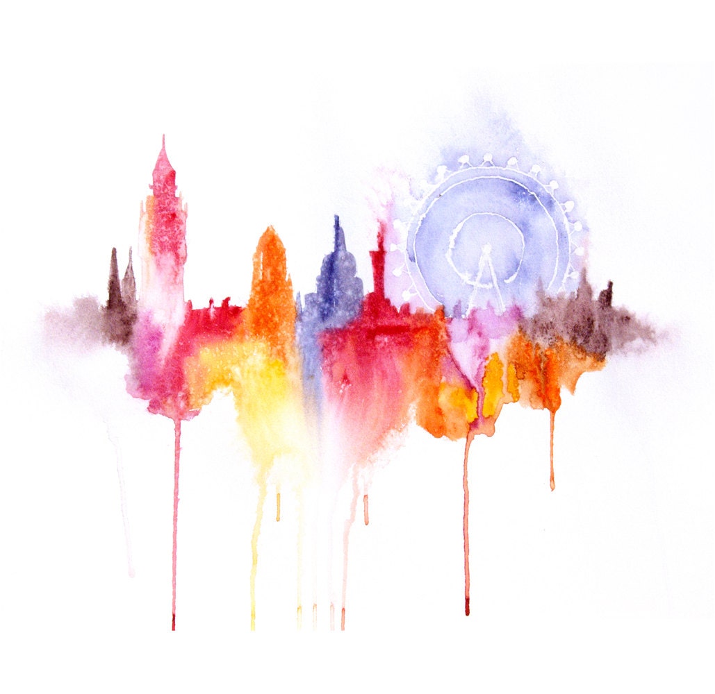 London city abstract ART PRINT 16X23 original watercolor painting illustration home wall decor  modern contemporary reproduction poster