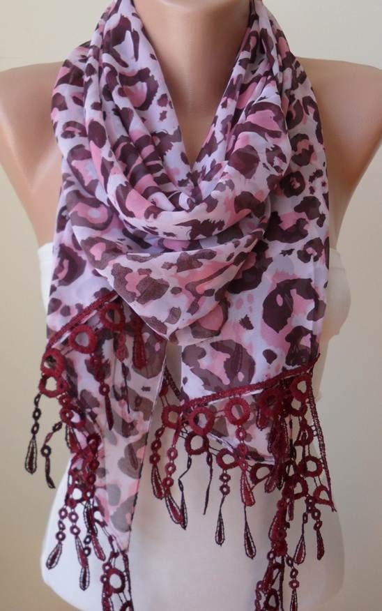 Trendy Scarf - Silk - Chiffon Pink and Burgundy Scarf with Burgundy Trim Edge - Animal Print