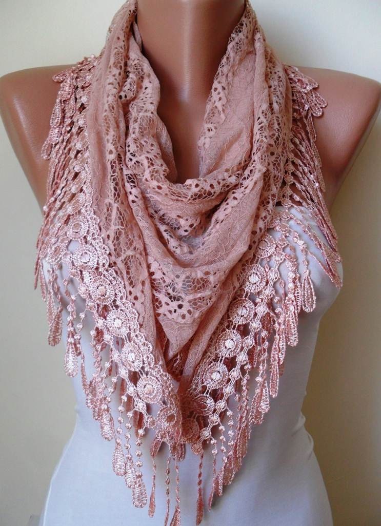 Salmon Scarf - Laced Fabric with Salmon Trim Edge - Triangle