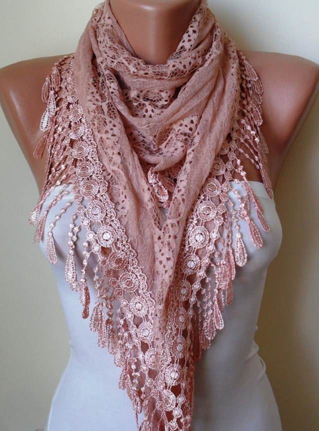 Salmon Scarf - Laced Fabric with Salmon Trim Edge - Triangle