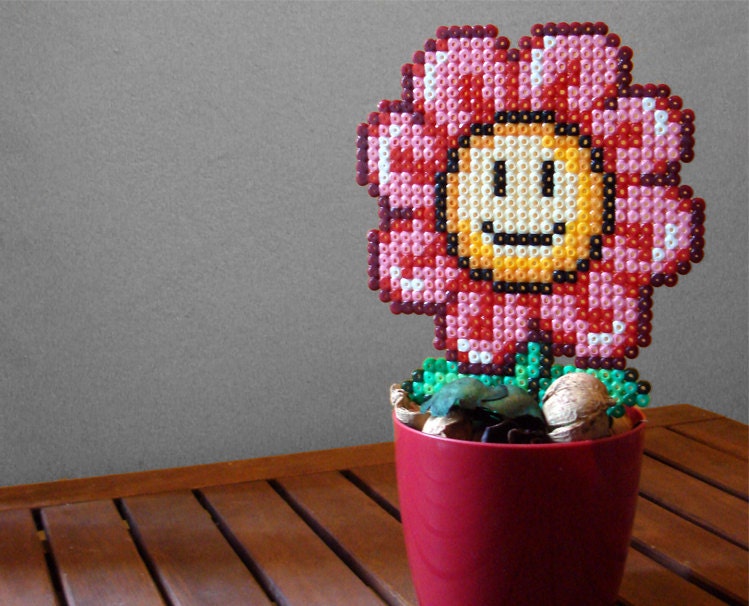 Smiling Daisy Super Mario Bros Inspired. Kawaii Cute Red & Pink Plastic Daisy with Colorful Plastic Pot