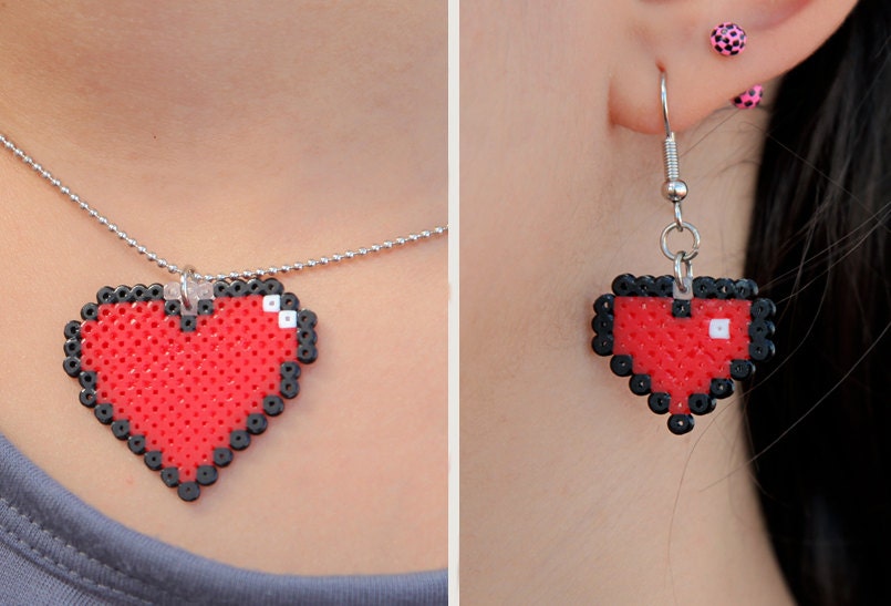 Pixel Heart Pendant & Earrings Set. Colorful 8bit Pixel Heart Set. Choose between 24 Colors