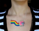 Nyan Cat Meme Necklace Polymer Clay, Geek Jewelry, Poptart, Rainbow