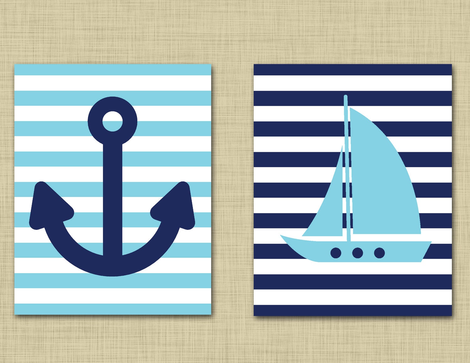Nautical anchor and sailboat 11x14 wall art- Nautical nursery decor- Anchor print- Sailboat print- light blue and navy
