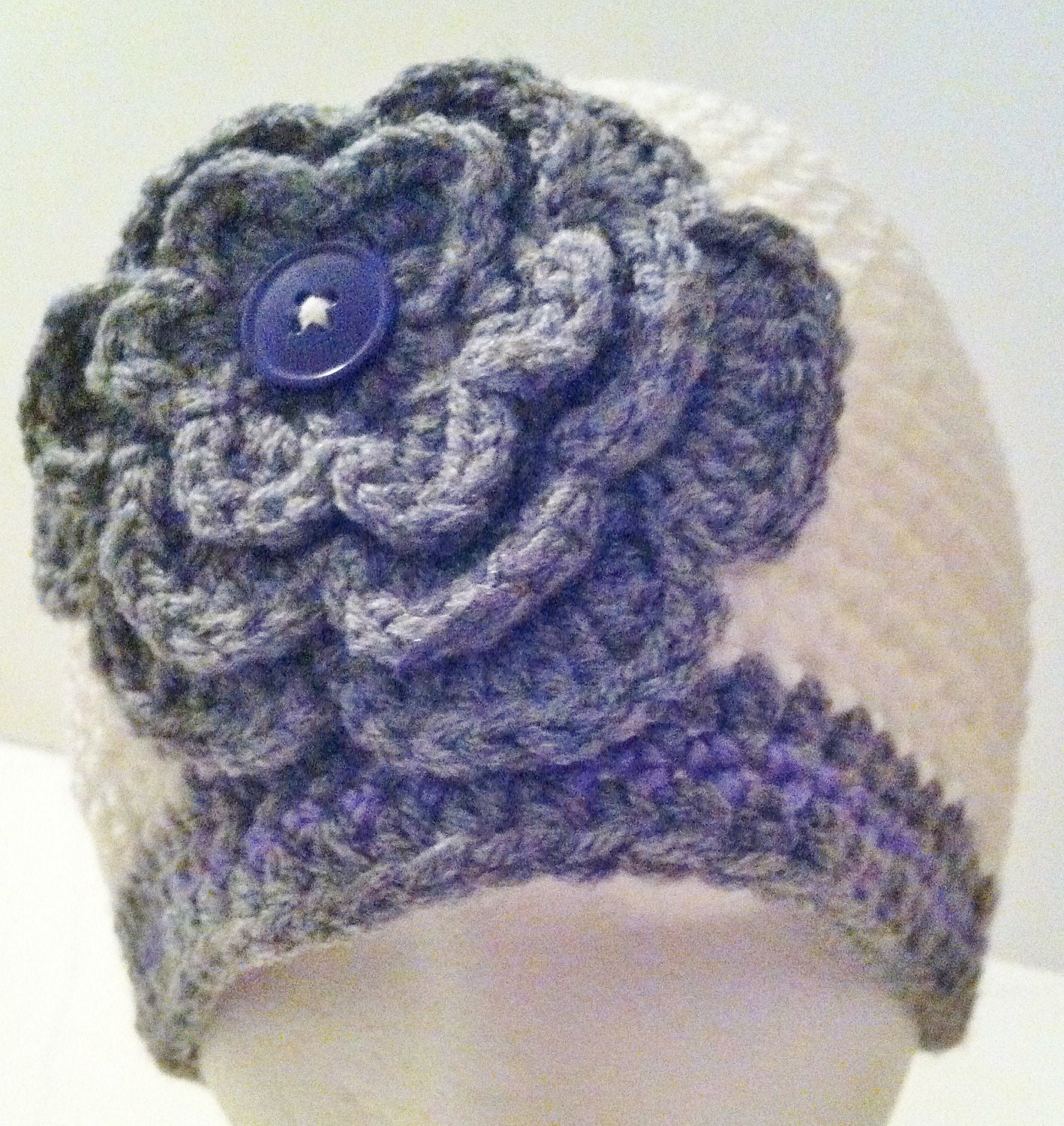 Crochet Flower Hat, Womens Beanie, Gray White Purple Hat, Ready To Ship, Christmas Hat