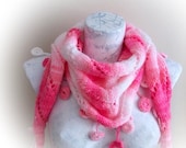 Pink Mini shawl,Fall Winter Accessory,Wedding Scarflette, Scarf with  Crochet Fringed Cowl ,Women Fashion Lacy Knit Neckwarmer