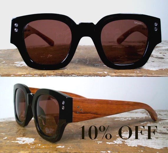 handmade wooden and shiny black acetate sunglasses / black and rosewood shades