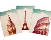 Set of 3 Europe Notecards, envelopes, blank inside, under 10, stocking stuffer, Paris, London, Rome, vintage notecards, stationery