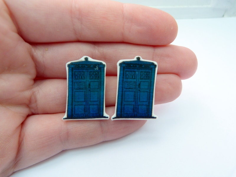 Dr Who Tardis Earrings - hand illustrated - plastic studs - shrink plastic