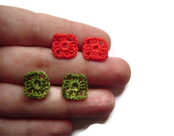 Crochet Earrings, Crochet Studs, Square Studs, Small Stud Earrings, Gift for her, Fall Jewelry