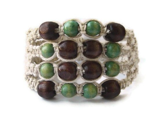 Macrame Bracelet, Cuff, Statement, Fibre Bracelet, Boho Jewelry, Green Brown Beige, Beaded, Wooden Beads, OOAK