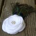 Bridal Hair Accessory - White Satin Flower Hair Clip - Crystal Clear Rhinestone - Peacock Feather Flower - Birdcage Veil Netting