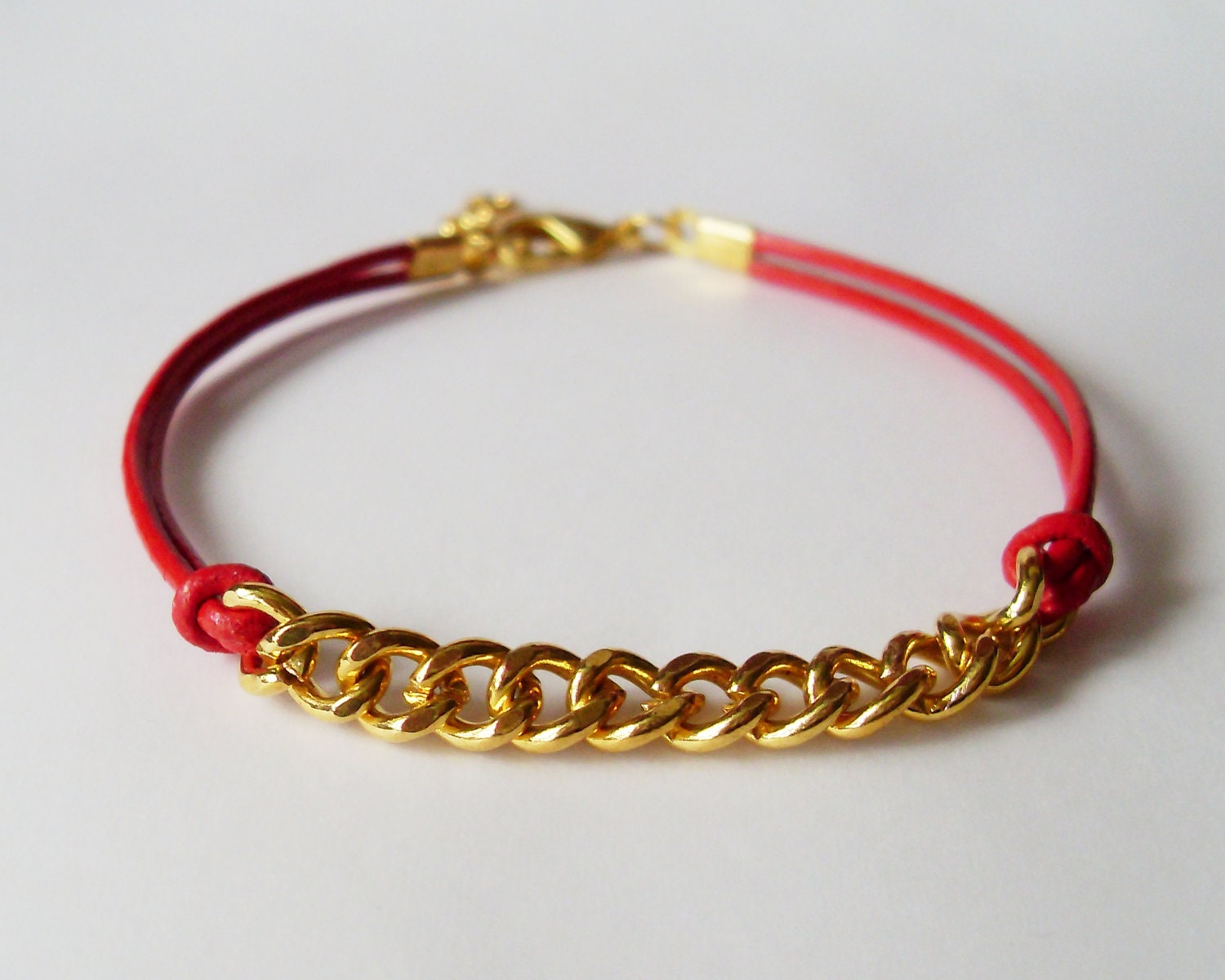 Red Leather Chain Bracelet - Red Leather Bracelet with Gold Chain