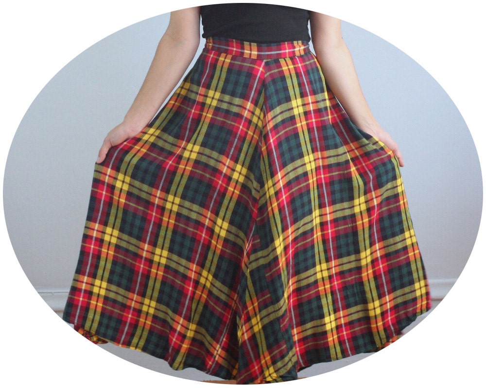 60s PRIMARY PLAID Skirt - Full Sweeping Vintage Skirt - medium to large