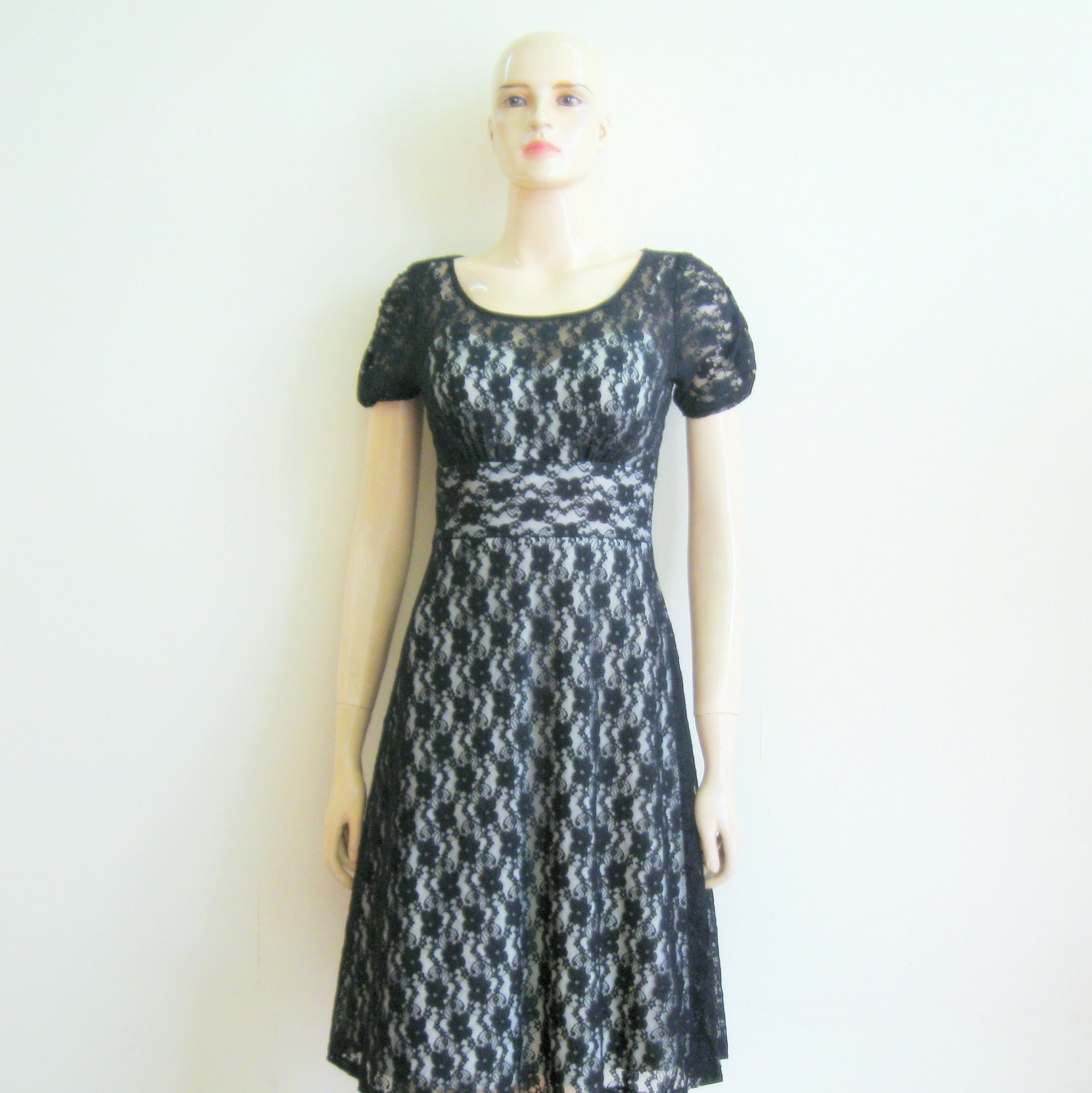 Black Lace Dress.Evening Dress.Party Dress.Dress With Sleeves.Knee Length Dress