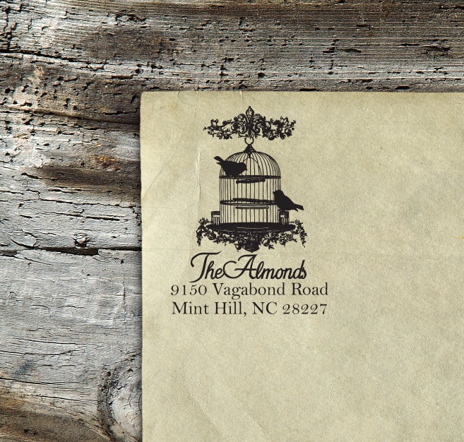 Vintage Birdcage  - Personalized Wooden Stamp - Save the Date - Address Stamp