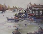 Original watercolor Maine Lobster Boat at dock, Delivery to Lobster Pound, Small Painting Maine Coast