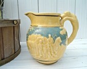 Vintage Japan Hound Pitcher - Vtg Yellow and Blue pitcher with dog handle and hunt scene