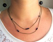 Brass doble chain choker necklace, black aventurine stone beads. Simple modern layering necklace.