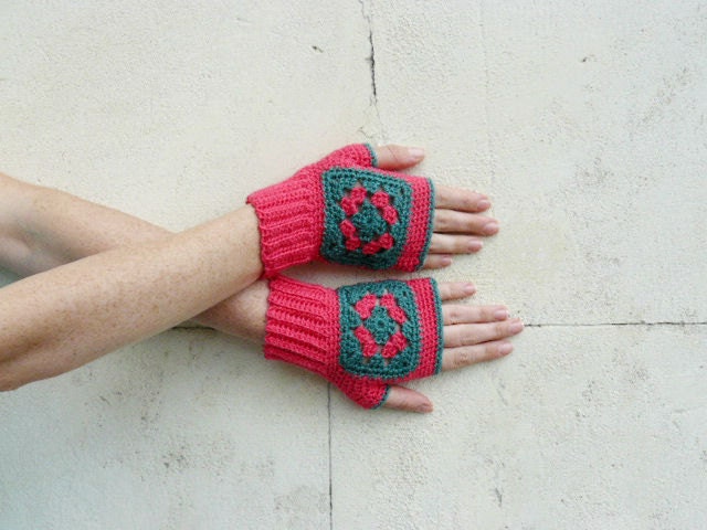 Crochet  fingerless gloves, hot pink mittens, green granny squares wrist warmers