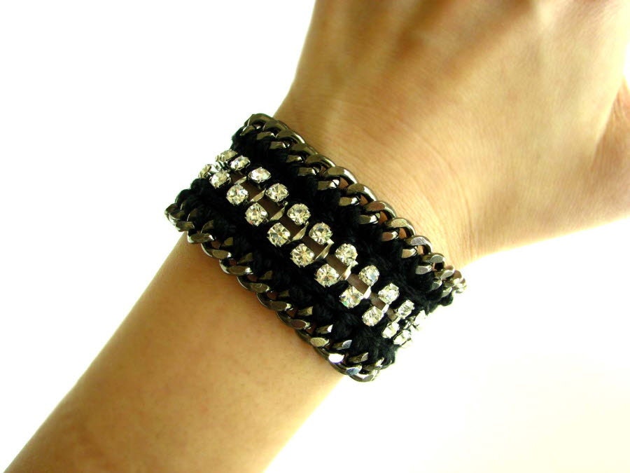 Chunky rhinrstone Bracelet-Black ,Silver