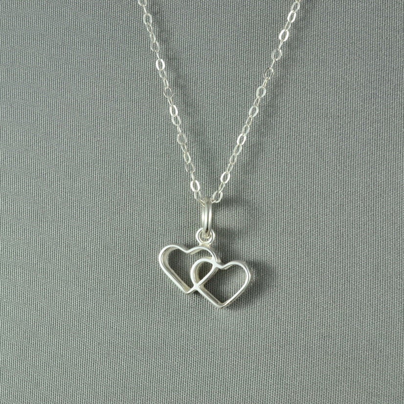 Double Heart Necklace, 925 Sterling Silver, Modern, Simple, Pretty, Everyday Wear Jewelry