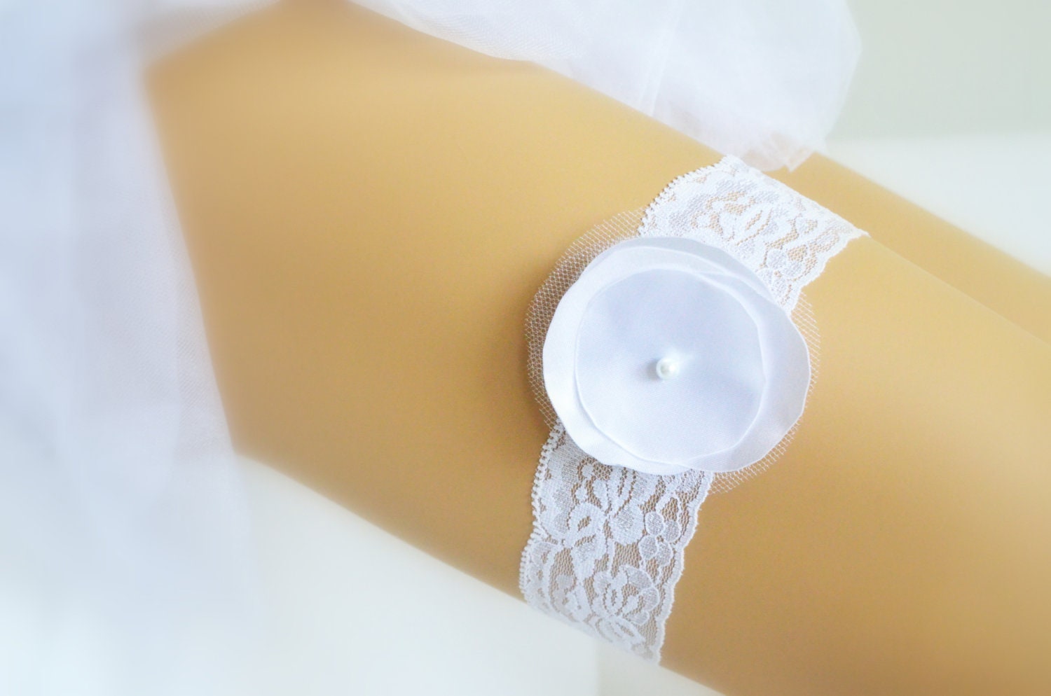 wedding garter white lace handmade white satin flower  white pearl a garter for the modern chic bride bridal garter sexy garter