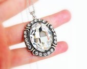art deco clear crystal swarovski rhinestone tibetan silver plated necklace wedding jewelry bridal jewelry bridesmaids jewelry