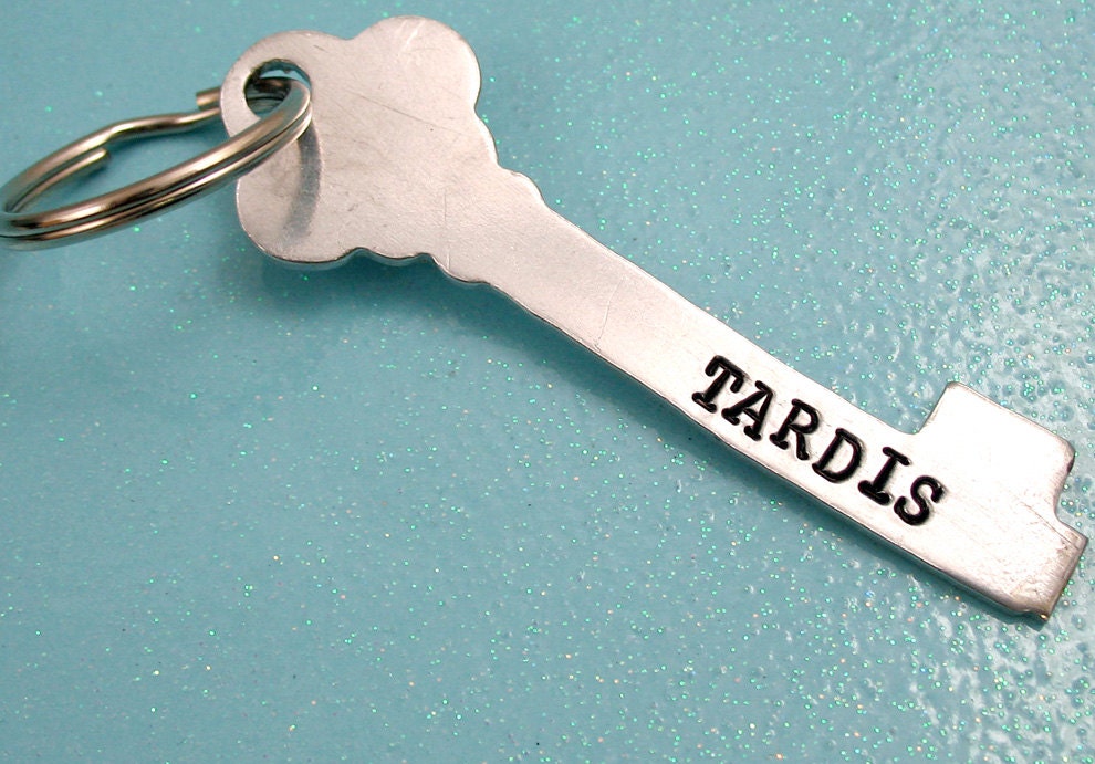 Tardis Doctor Who Inspired Key Chain, Hand Stamped Key Shaped Keychain -