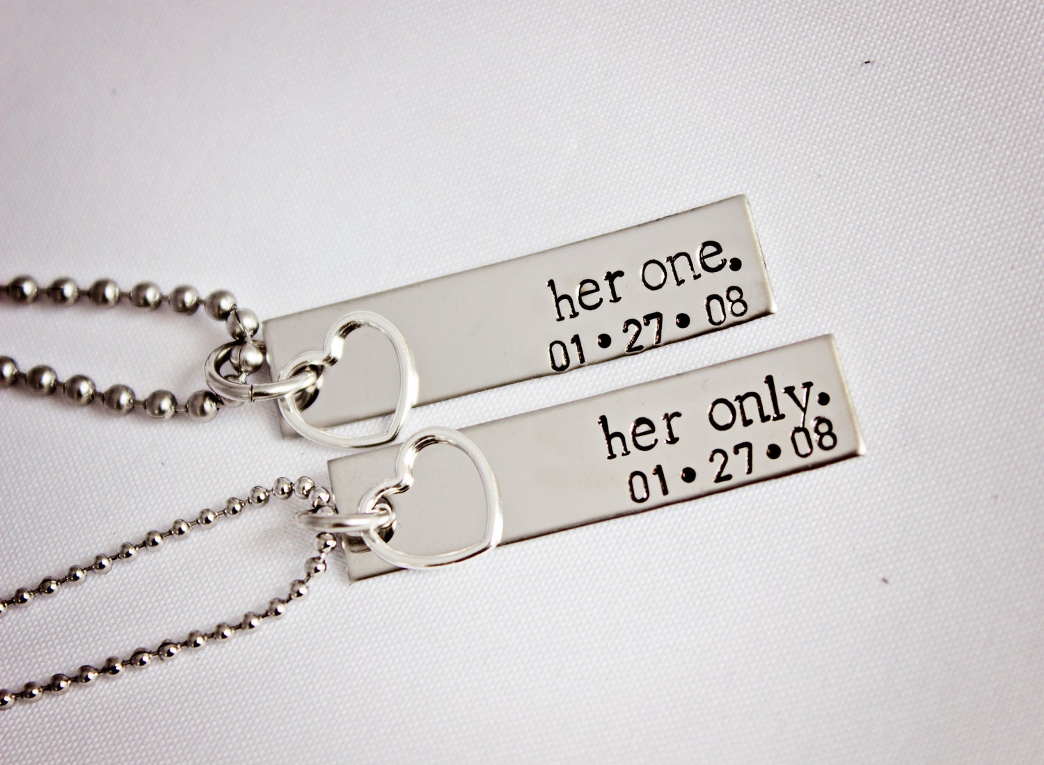Her One, Her Only - The Original - Lesbian Couples Jewelry - Hand Stamped Stainless Steel LGBT Necklace Set - Sterling Silver Heart Charm