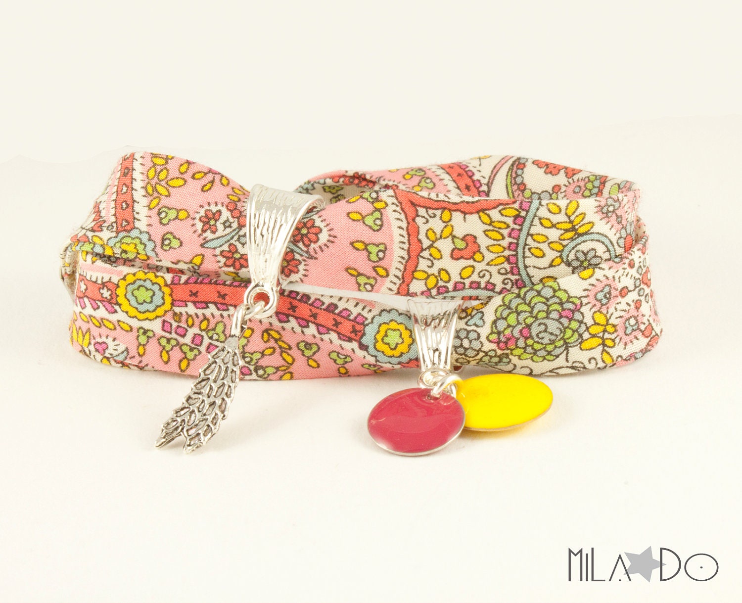 Wrap Bracelet - Liberty of london fabric bracelet Kitty Grace pastel pink and yellow - charm bracelet