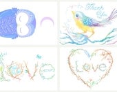 Greeting Card Pack Featuring Cute Owl under Crescent Moon, Rainbow Bird Thank You Card