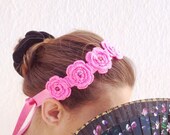 Pink crochet  flowered  headband with satin ribbon and bead  ,wriststrap,collar,Bracelet