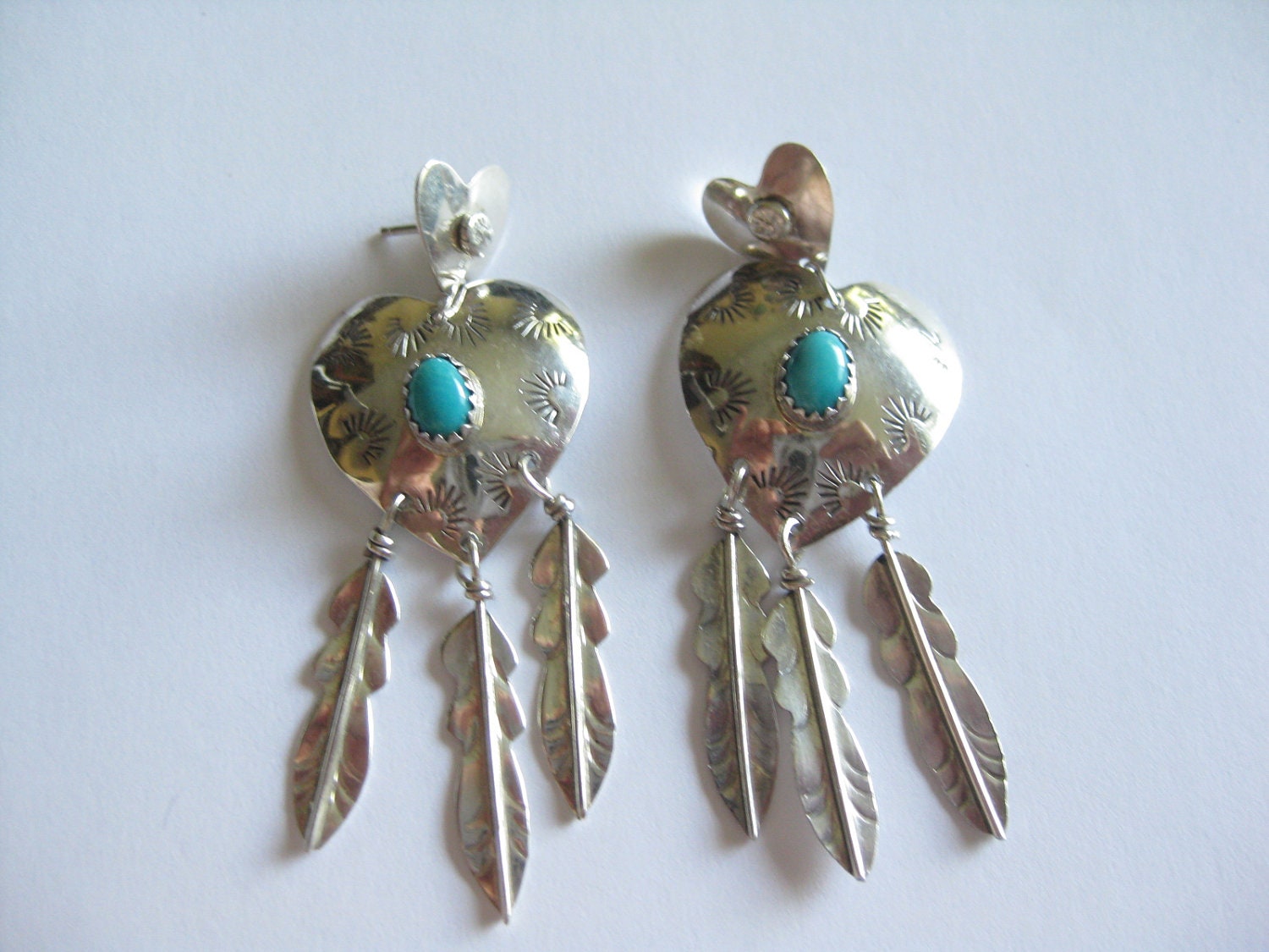 Vintage Sterling Silver and Turquoise Heart Earrings With Silver Feather Dangles