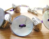 Mother of Pearl Buttons & Metalized Plastic Beads Purple Ribbon Bracelet- Great gift idea for teens and young adults