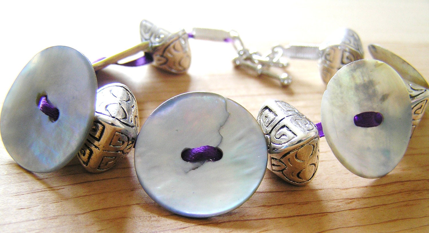 Mother of Pearl Buttons & Metalized Plastic Beads Purple Ribbon Bracelet- Great gift idea for teens and young adults