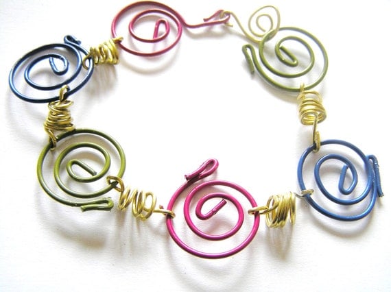 Spiral Paper Clip Bracelet w Brass Springs- Blue, Olive Green, Dark Hot Pink