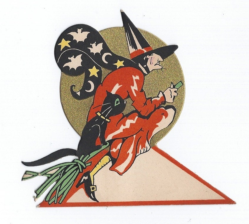 RARE Antique Art Deco Halloween Witch Flying over Moon on Broom with Black Cat Bats and Stars Vintage Gibson Place Card 1930s