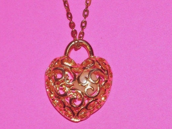 Vintage Elegant Caged Faux Pearl Heart Pendant and Chain Goldtone  On Sale 5.00