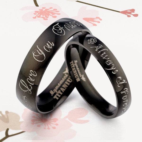 Handmade Your words Black Matching Wedding Engagement Titanium Rings Set Flat Court