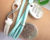 infinity bracelet--silver charm bracelet,live in your dream &never give up pendant ,blue leather bracelet, friendship bracelet ,MORE COLORS