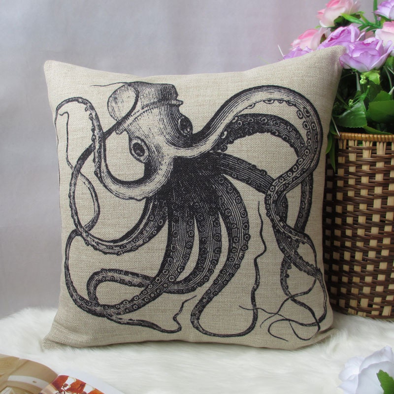 1 cotton linen simple black Octopus  throw pillow cover / decorative pillow case / cushion cover 18"