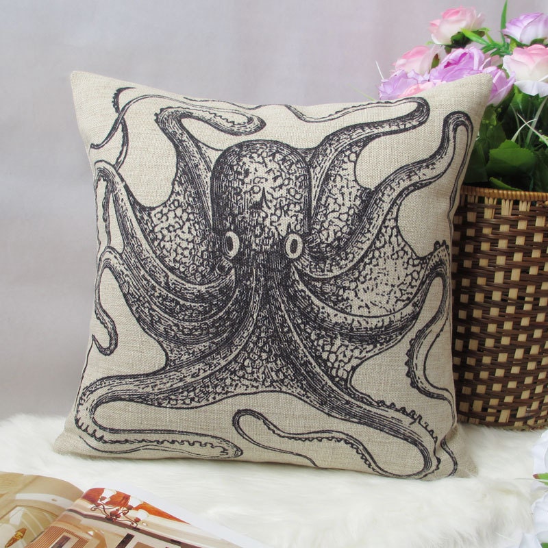 1 cotton linen simple black sea Octopus  throw pillow cover / decorative pillow case / cushion cover 18"