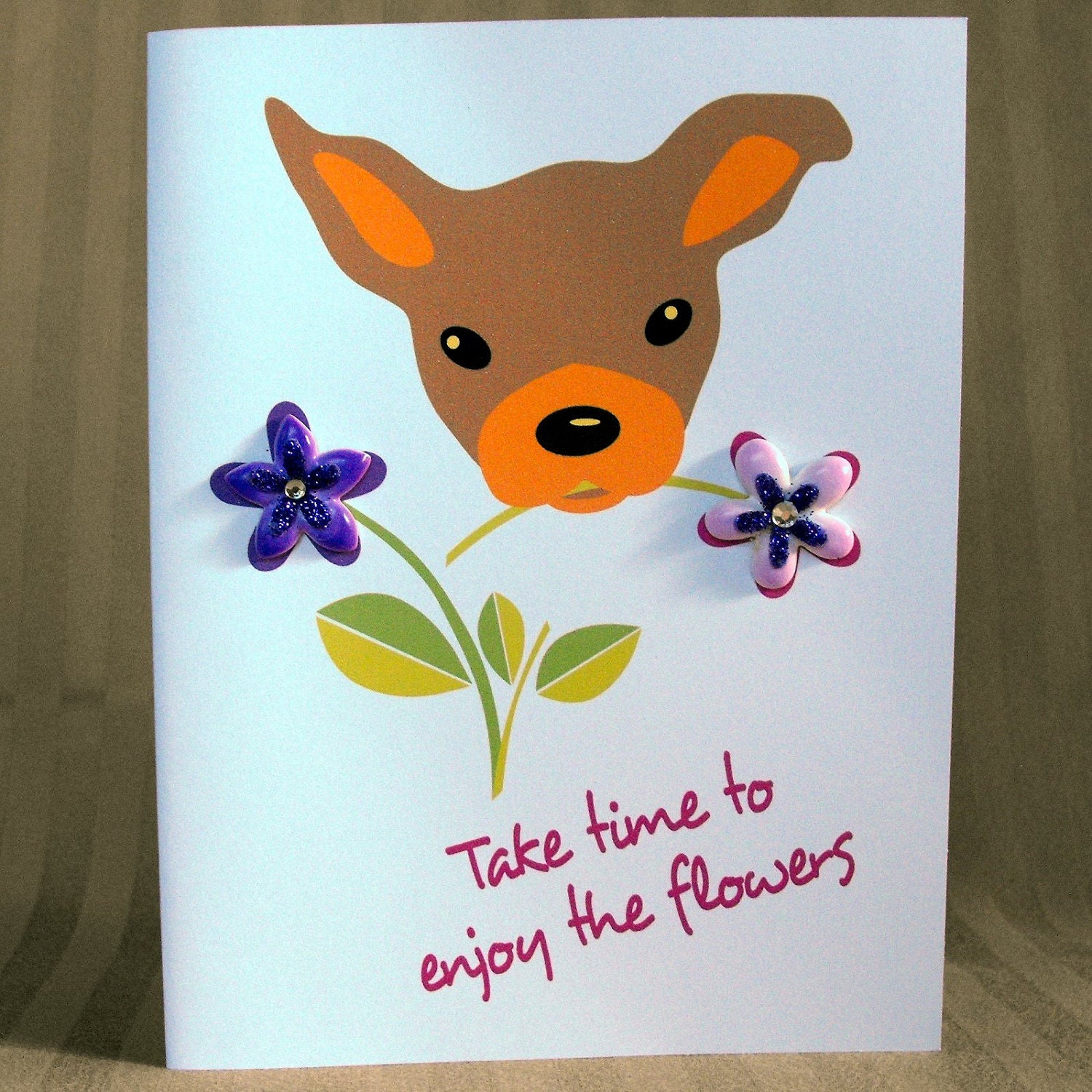 Funny Dog Card featuring Dog with Flowers Handmade Design
