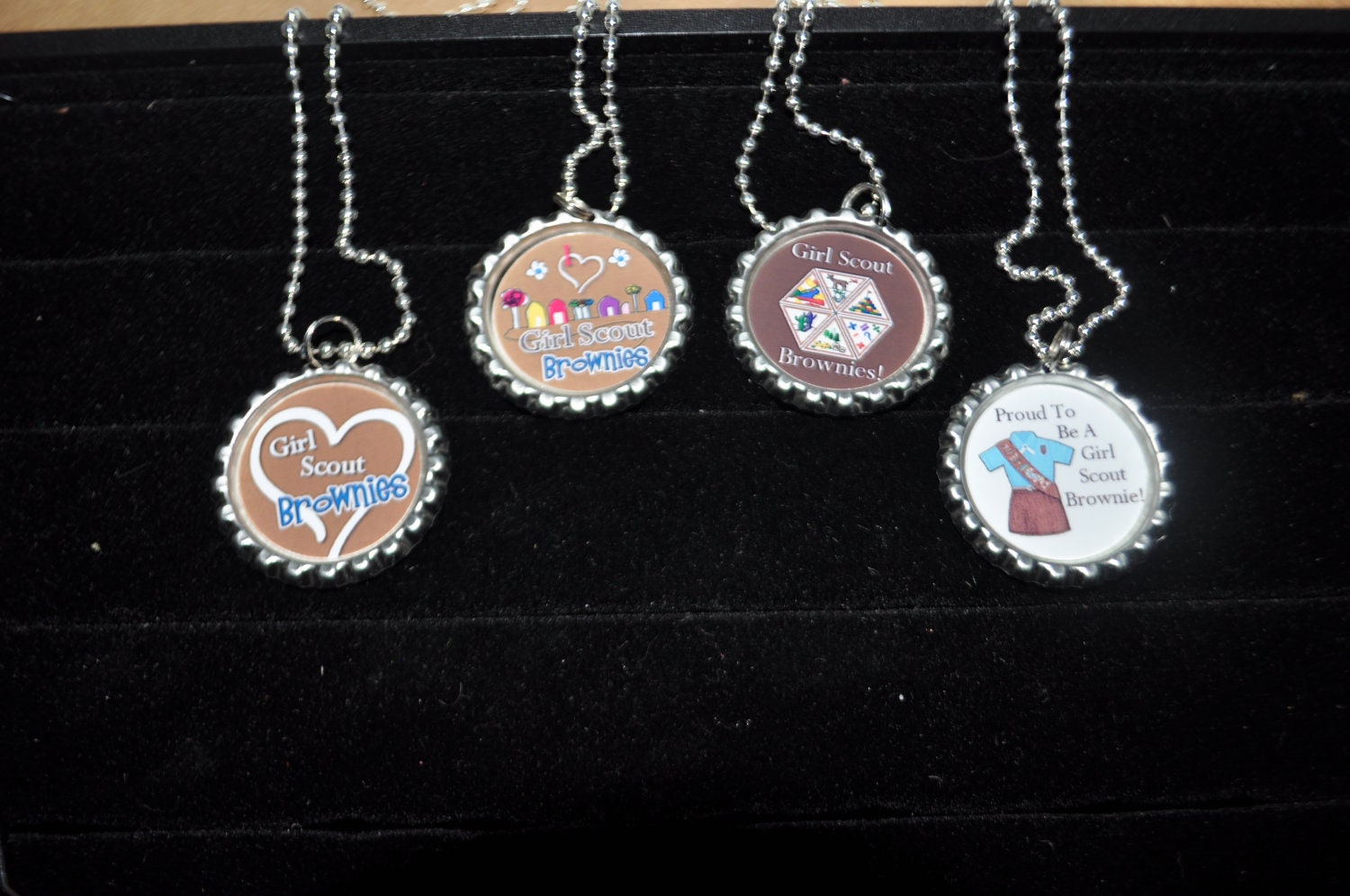 4 Girl Scout Brownie Necklaces, FINISHED or as CRAFT kit, Plain or GLITTER epoxy, brownie troop craft idea, Brownie badge idea