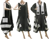 Linen artistic dress with bolero jacket in black white/ bulgy balloon shape / lagenlook for plus size women / extra large XL
