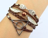 Deathly Hallow,Silvery harry potter bracelet harry potter snitch bracelet lover owl bracelet brown leather bracelet -N1627
