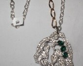 NECKLACE REpuRpoSeD Deco Nouveau Emerald Green Fur/Shoe Clip Rhinestone Pantone Green OOAK