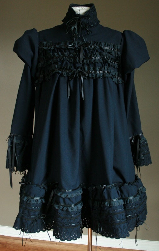 One of A Kind Goth Lolita Black & Navy Blue Gothic Ruffle Lace Babydoll Dress Bows Tulle Crinoline Cupcake  Puff Sleeve Princess of Darkness