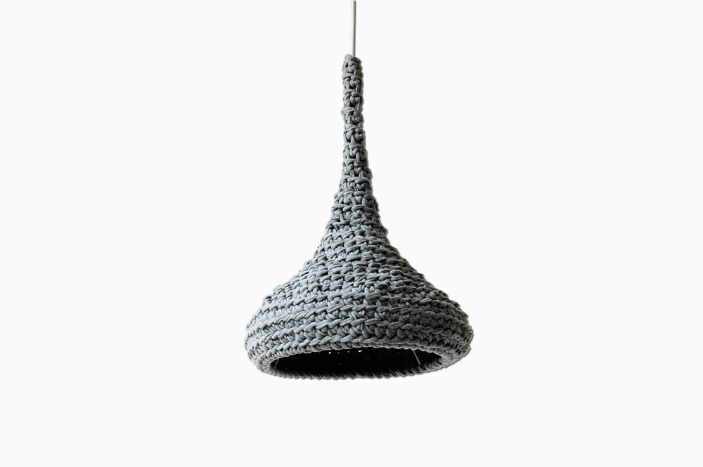 Crochet Pendant Lamp LUUNA / Modern Hanging Light / Unique Eco Lamp from Upcycled Fabric / Green Design / Recycling Art - Gray - buubok